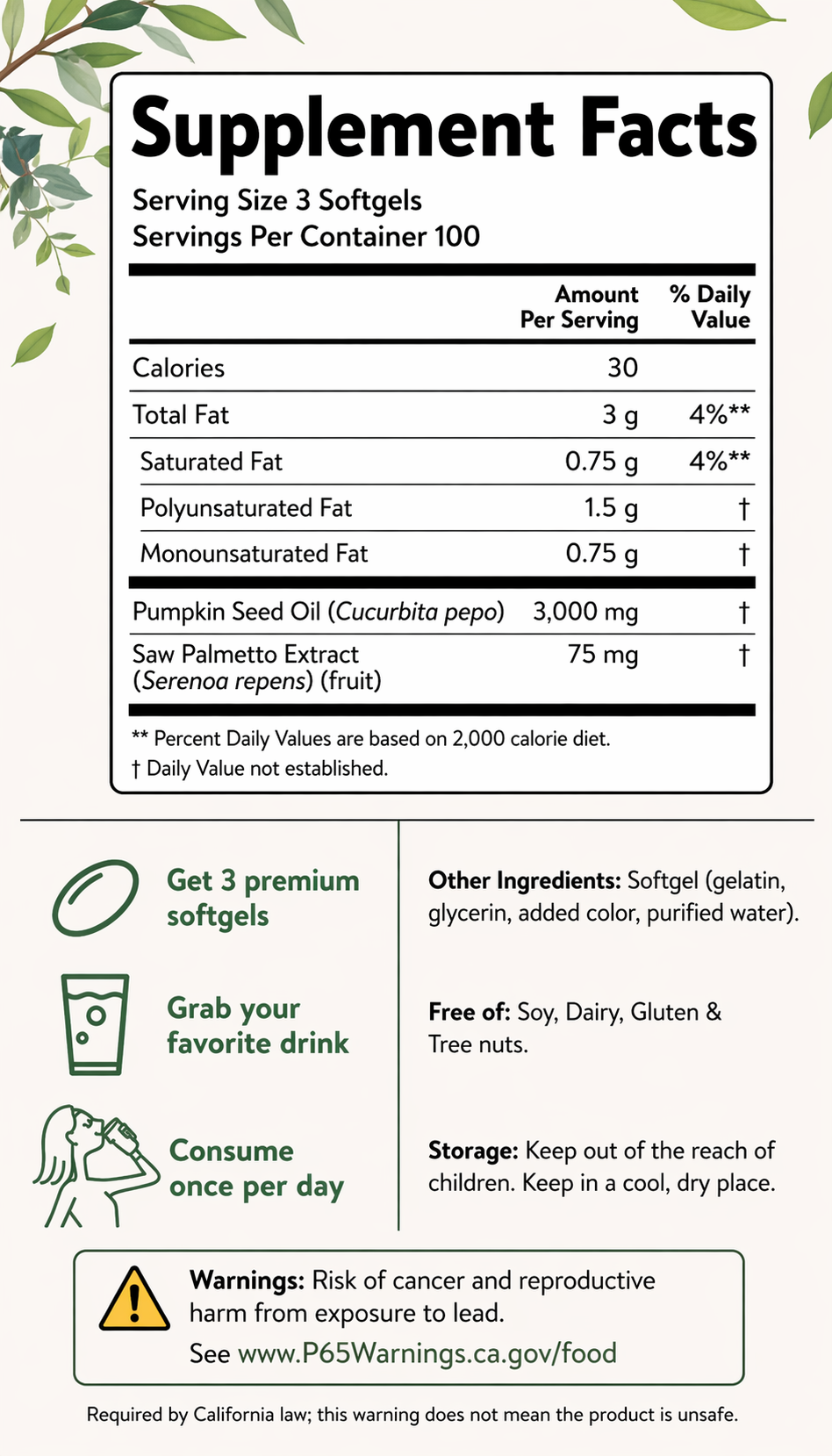 Pumpkin Seed Oil 3000mg + Saw Palmetto — DHT Blocker for Hair Loss | 150 Softgels (5-Month Supply)