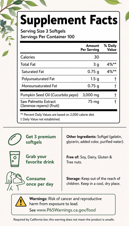 Pumpkin Seed Oil 3000mg + Saw Palmetto — DHT Blocker for Hair Loss | 150 Softgels (5-Month Supply)